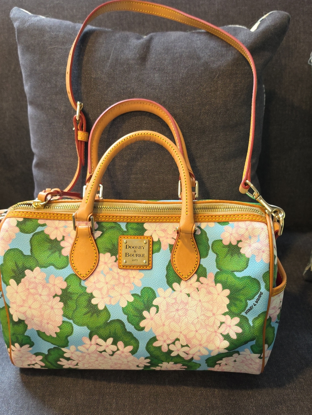 Dooney & Bourke Floral Satchel in Light Blue, Pink & Green with Tan Trim